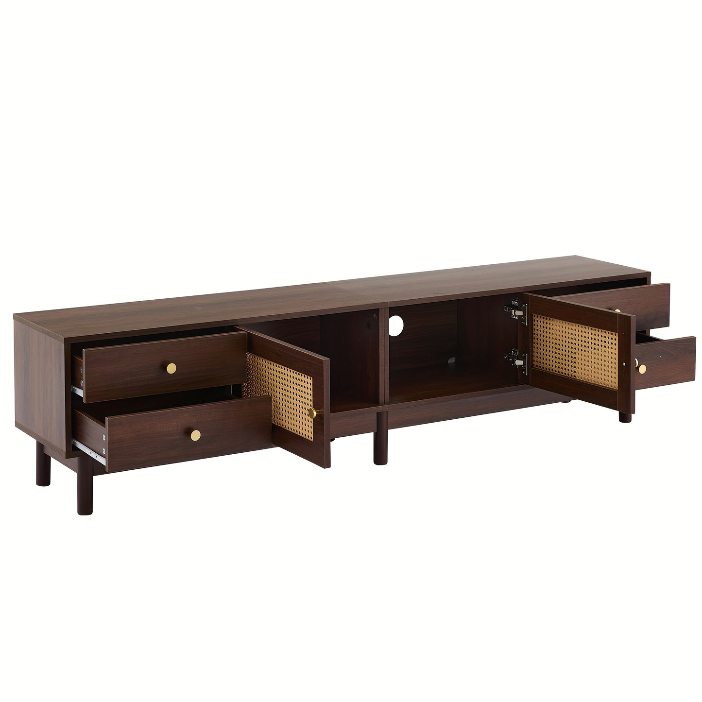 Modern TV Stand Compatible for 80-Inch TVs, Metal Frame with Dark Wood Grain, 2 Rattan Doors & 4 Drawers, Cable Management System & Hydraulic Hinge Doors - Media Console