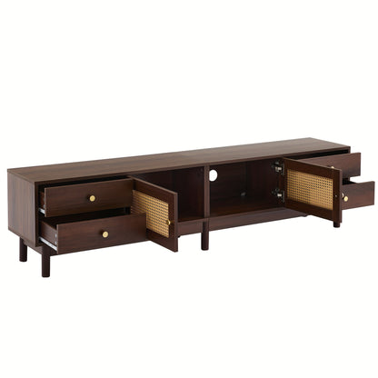 Modern TV Stand Compatible for 80-Inch TVs, Metal Frame with Dark Wood Grain, 2 Rattan Doors & 4 Drawers, Cable Management System & Hydraulic Hinge Doors - Media Console