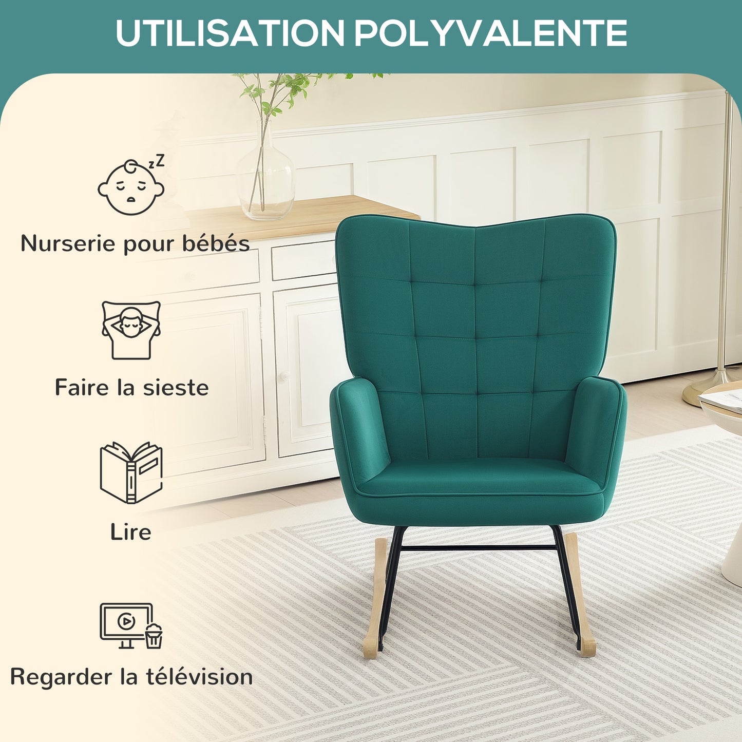 Schommelstoel – Relaxstoel – Wiegstoel – Nursing Chair – Velours Stoel – Donkergroen – Fluwelen Bekleding – Stevig Stalen Frame