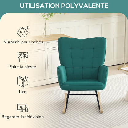 Schommelstoel – Relaxstoel – Wiegstoel – Nursing Chair – Velours Stoel – Donkergroen – Fluwelen Bekleding – Stevig Stalen Frame