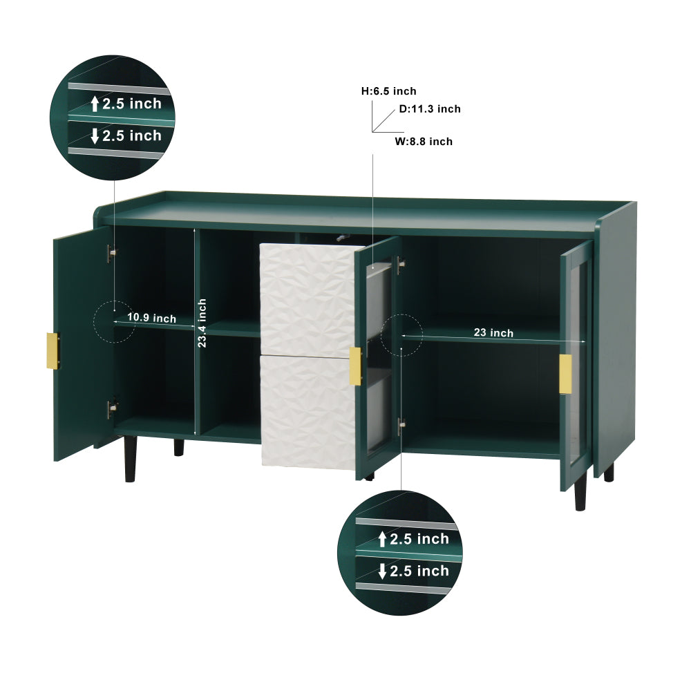 Koffiekast – Keukentrolley – Opbergkast – Koffiemeubel – Koffiebarmeubel – Mobiel met Wieltjes – Hout-Metaal – 140 cm Hoog – 2 Laden + Glazen Deuren – Groen