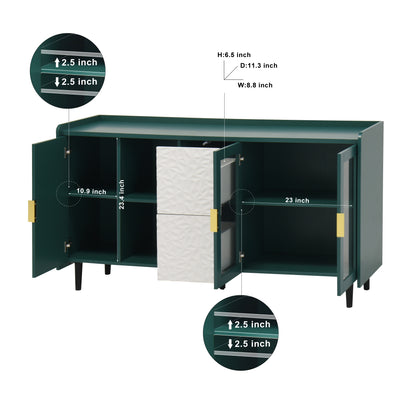 Koffiekast – Keukentrolley – Opbergkast – Koffiemeubel – Koffiebarmeubel – Mobiel met Wieltjes – Hout-Metaal – 140 cm Hoog – 2 Laden + Glazen Deuren – Groen