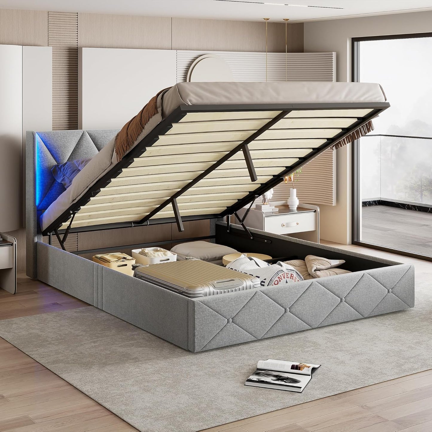 Bed – Bedframe – Bedbank – Slaapbed – Tweepersoonsbed – 160x200 cm – Beige Fluwelen Bekleding – LED-Verlichting en Opbergruimte