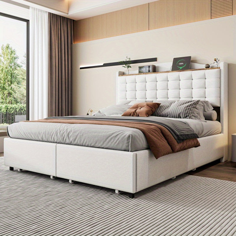 Tweepersoonsbed – Gestoffeerd Bed – Opbergbed – Slaapbed – Bedframe – 140x200 cm – Linnen Bekleding Beige – Inclusief Nachtkastje Met Laadfunctie