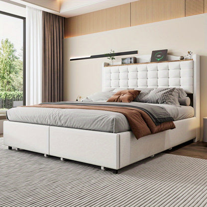 Tweepersoonsbed – Gestoffeerd Bed – Opbergbed – Slaapbed – Bedframe – 140x200 cm – Linnen Bekleding Beige – Inclusief Nachtkastje Met Laadfunctie