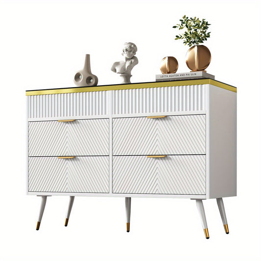 Wit Dressoir – Modern Kast – Opbergkast – Ladekast – Dressoir Met Lades – Glazen Bovenkant – 6 Lades Met Push-to-Open – Anti-Kantel Ontwerp – 120x40x76 cm – Minimalistisch Design