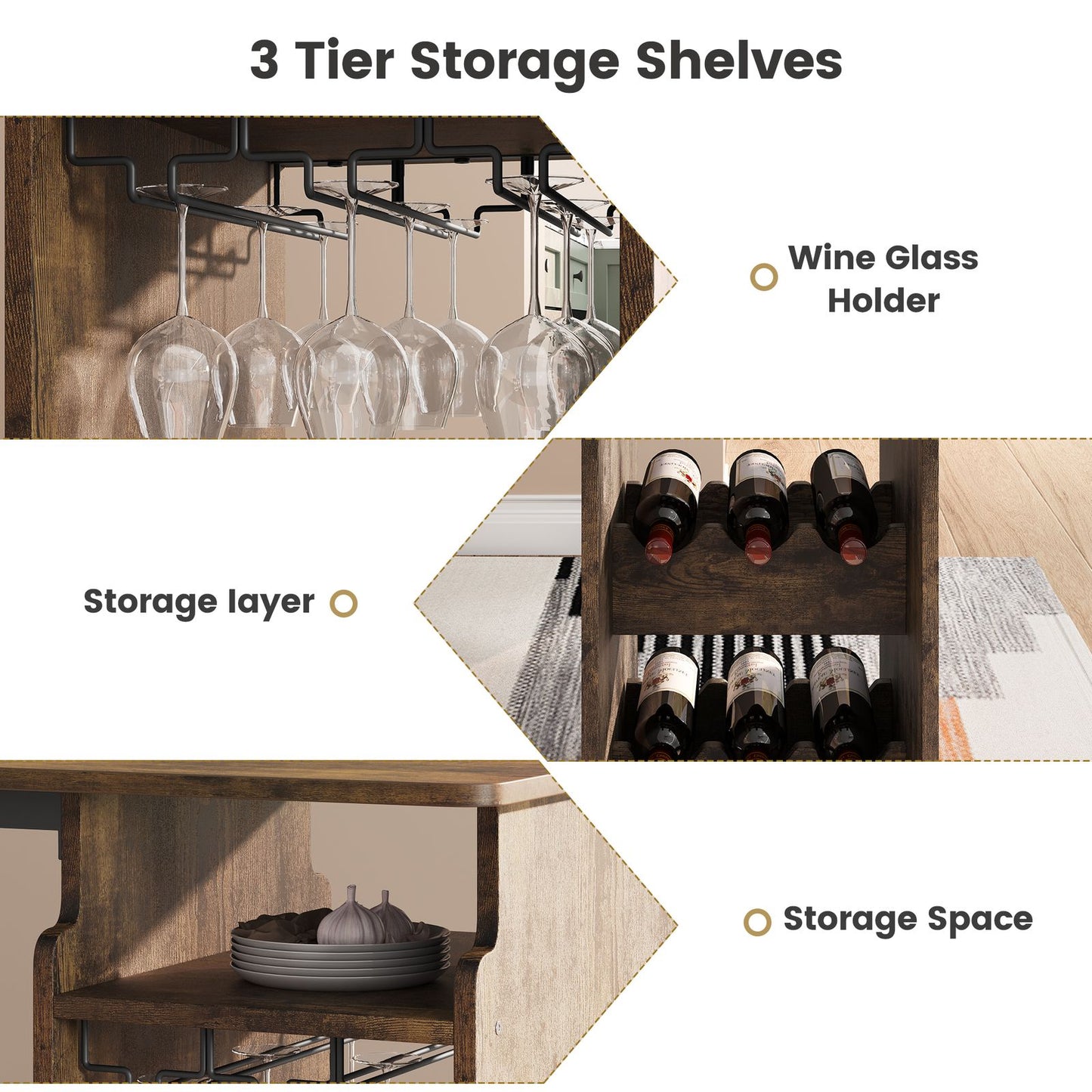 Barset voor Twee – Barkrukken Set – Bartafel Compact – Wijnrek Tafel – Glazenhouder – Bruin – Ruimtebesparend Design – Massief Hout en Metaal