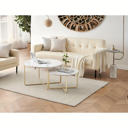 Ronde Salontafel – Bijzettafel – Koffietafel – Woonkamertafel – Tafeltjes Set – Wit Marmerlook – Goud Metaal – Makkelijk Schoon Te Maken – Multifunctioneel