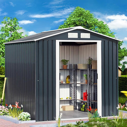 Metalen Tuinberging – Tuinschuur – Gereedschapsberging – Opbergschuur – Tuinopslag – Ruim Interieur – Weersbestendig Gegalvaniseerd Staal – Dubbele Schuifdeuren – Grijs
