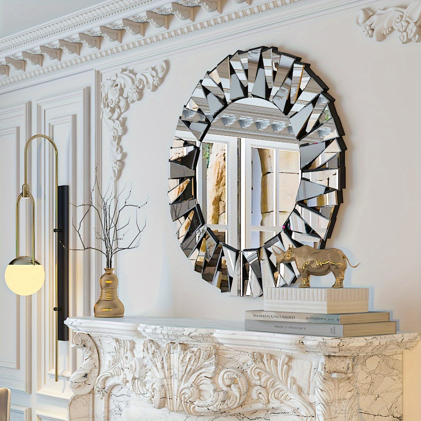 1pc Modern Sunburst Wall Mirror, 80cm Large Round HD Glass Decorative Mirror with Wood Frame, Polished Finish for Living Room, Bedroom, Bathroom - Horizontal Orientation, No Electricity Needed