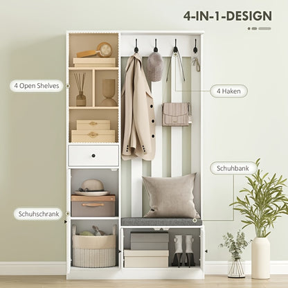 180cm Tall Entrance Hall Wardrobe Set | With Clothes Rack, Upholstered Shoe Bench, 4 Hooks, 4 Open Shelves, Shoe Rack, Chest Of Drawers, Hallway Furniture, Bench With Storage Space, White, European Style