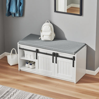 Schoenenkast – Schoenenrek – Schoenenopberger – Schoenenbank – Opbergkast – 2 Schuifdeuren – Houtlook MDF – Zitkussen – 90x35x46 cm