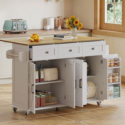 White Modern Farmhouse Kitchen Island with Fold-Down Worktop, 5 Lockable Casters, 4 Doors, 3 Drawers, Door Shelf & Double-Sided Towel Rack - Heavy-Duty Mobile Storage Cabinet with Spacious Work Surface, Barn-Style Design, Whi