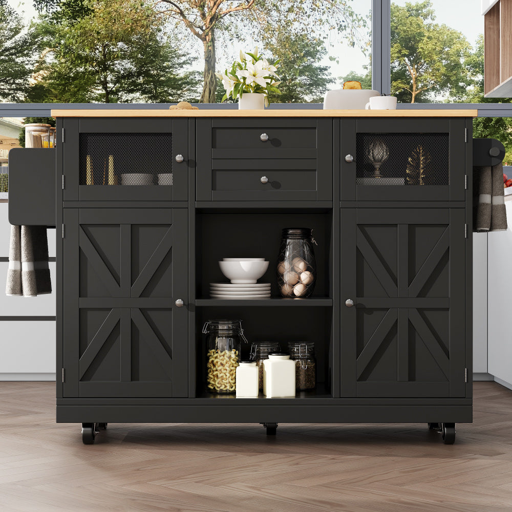Mobiel Keukeneiland – Verrijdbaar Kussen – Keukenwagen – Servierwagen – Buffetkast – Mat Zwart Design – Verstelbare Plank – Vergrendelbare Wieltjes