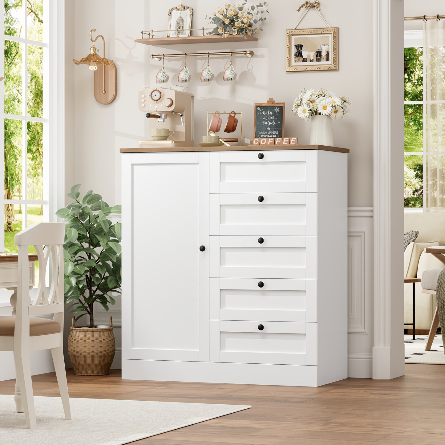 Kealive Sideboard, Kitchen Cabinet | White Buffet Cupboard with 5 Drawers, 85.5x40x97cm, Modern Style, Floor Mount, Suitable for Kitchen, Hallway, Living Room, Dining Room