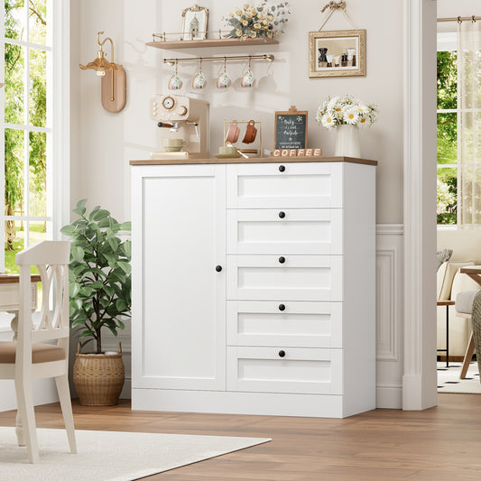 Kealive Sideboard, Kitchen Cabinet | White Buffet Cupboard with 5 Drawers, 85.5x40x97cm, Modern Style, Floor Mount, Suitable for Kitchen, Hallway, Living Room, Dining Room