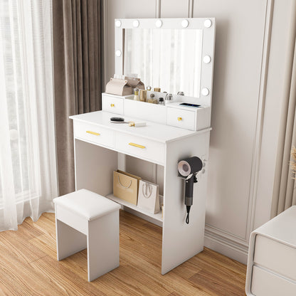 Kaptafel – Make-up Tafel – Toilettafel – Vanity Unit – Dressing Table – Wit – Inclusief Zacht Gevoerde Kruk – 4 Lades Met Opbergbak