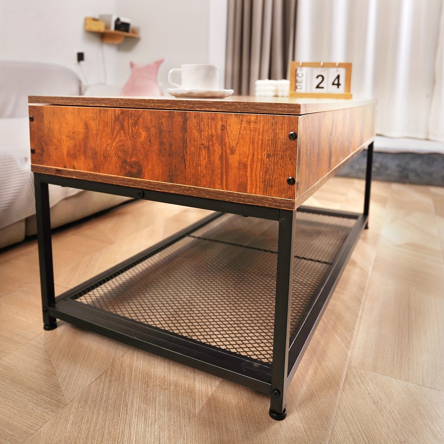 Salontafel – Koffietafel – Bijzettafel – Woonkamertafel – Tafel – Verstelbaar Lift-Top – Verborgen Opbergruimte – Hout – Metaal – Rustiek Bruin