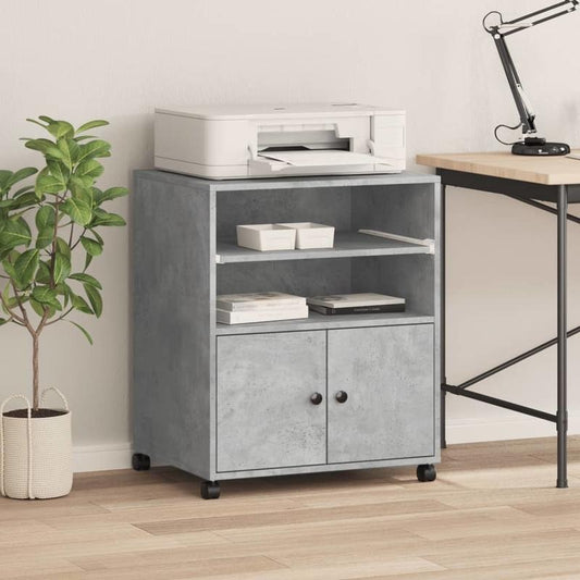 Heavy-Duty Concrete Gray Wood Printer Stand with Storage Shelves & Rollers - Mobile Office Floor Organizer, Sturdy Portable Design with Adhesive Pads, Space-Saving Multi-Tier Shelving for Printer, Paper Storage & Supplies, Mo