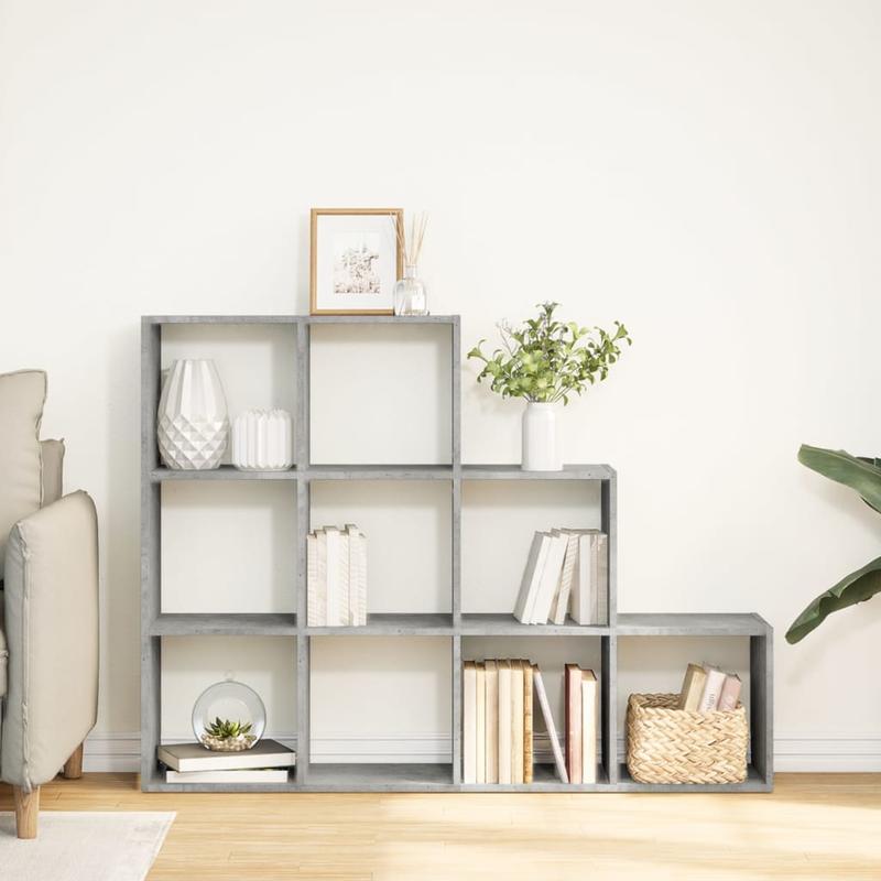 Roomdivider – Kamerscherm – Scheidingswand – Ruimteverdeler – Boekenkast – Betongrijs – 3 Niveaus – MDF en Hout