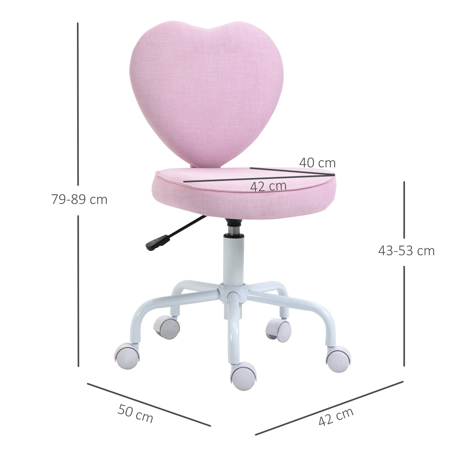 Draaistoel – Bureaustoel – Bureaukruk – Werkstoel – Kinderstoel – Hartvormig Design – Verstelbare Hoogte 79-89 cm – Linnenlook Stoffering – Roze Kleur
