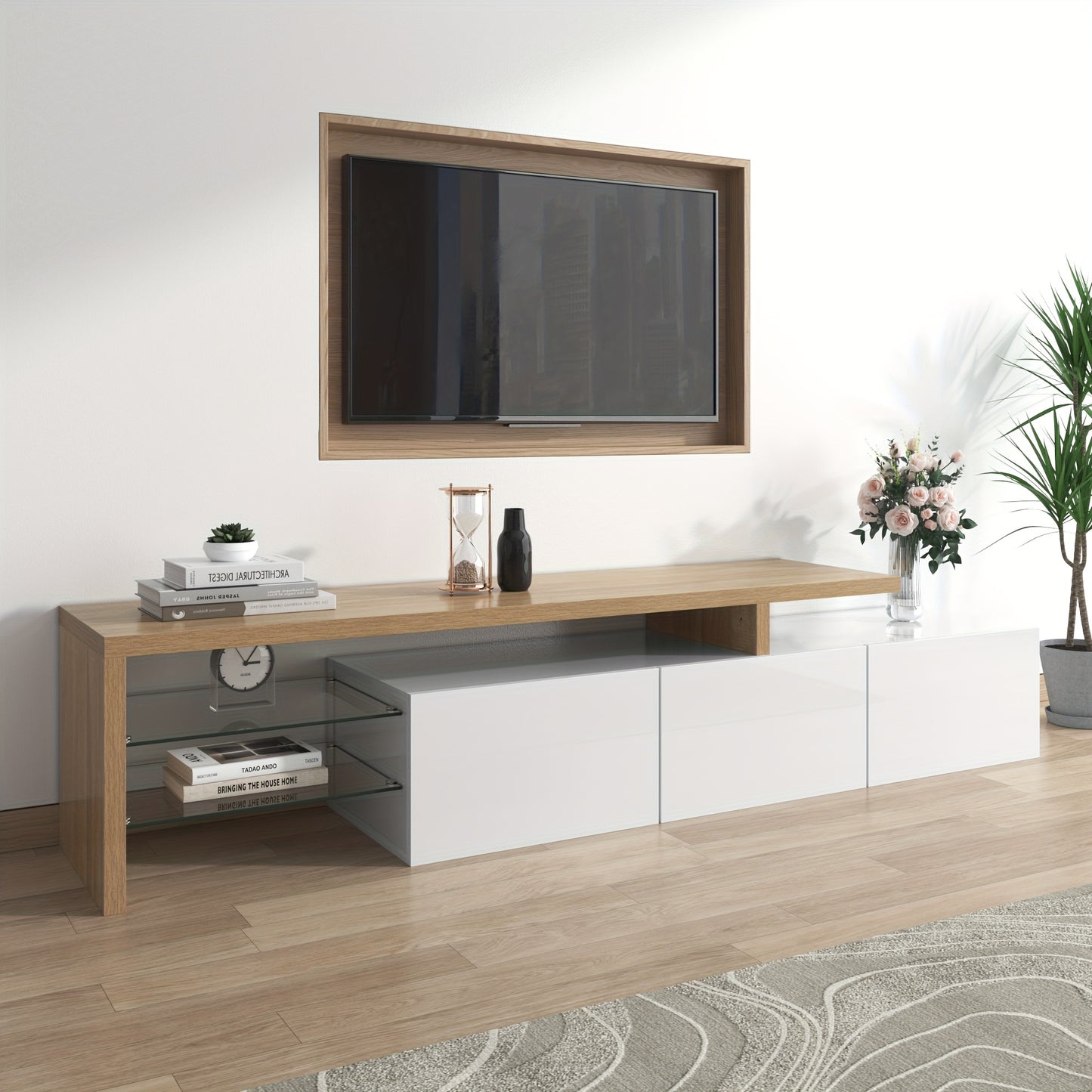 Tv Meubel – TV Kast – TV Meubelkast – Mediameubel – TV Dressoir – Hoogglans Wit – Bamboe Met Glazen Planken – Minimalistisch Ruimtebesparend Design