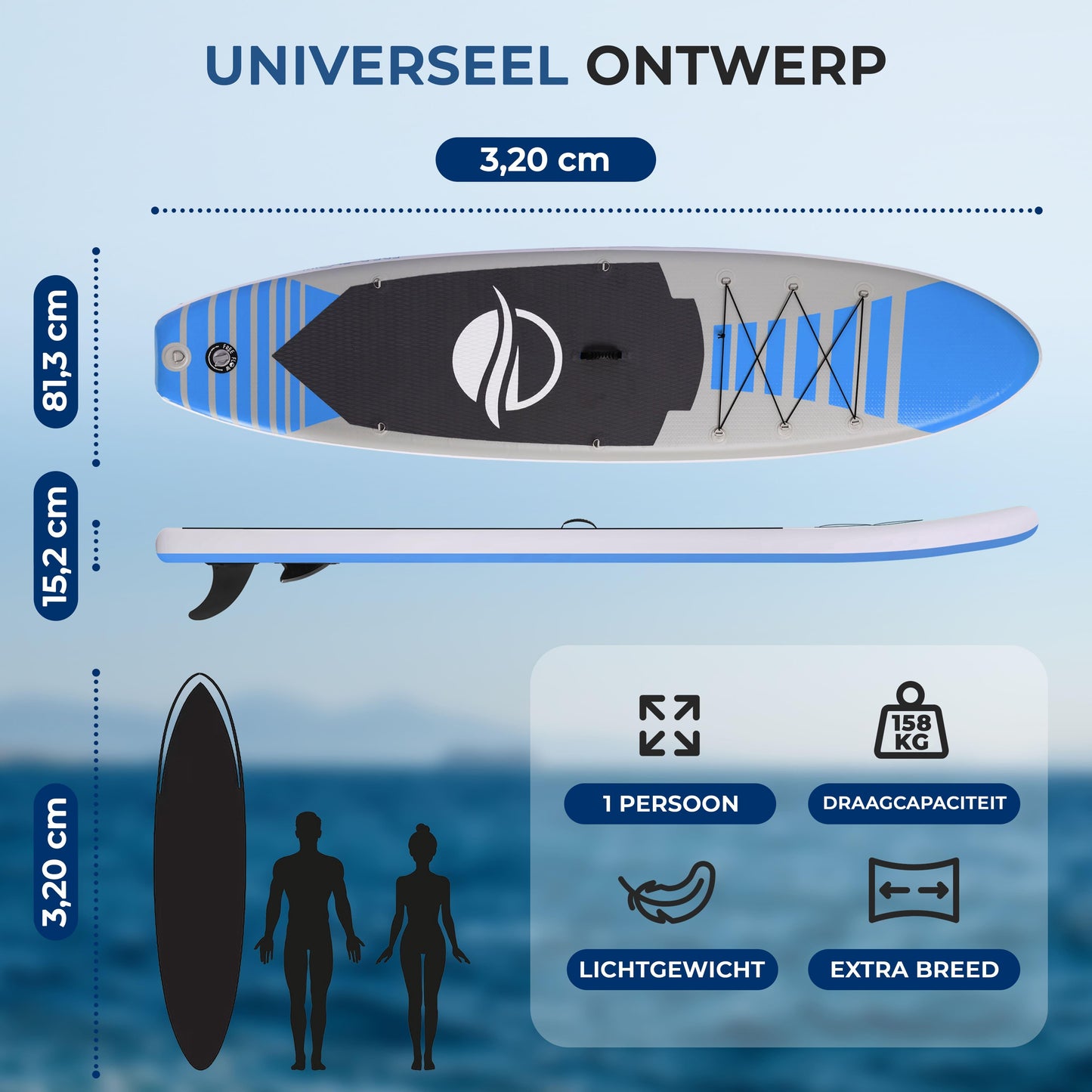 Opblaasbare SUP Board – Stand-Up Paddleboard – Peddelboard – Inflatable Paddleboard – Paddlebord Blauw – Anti-Slip Dek – 320 cm Lengte Met Accessoires - Blauw