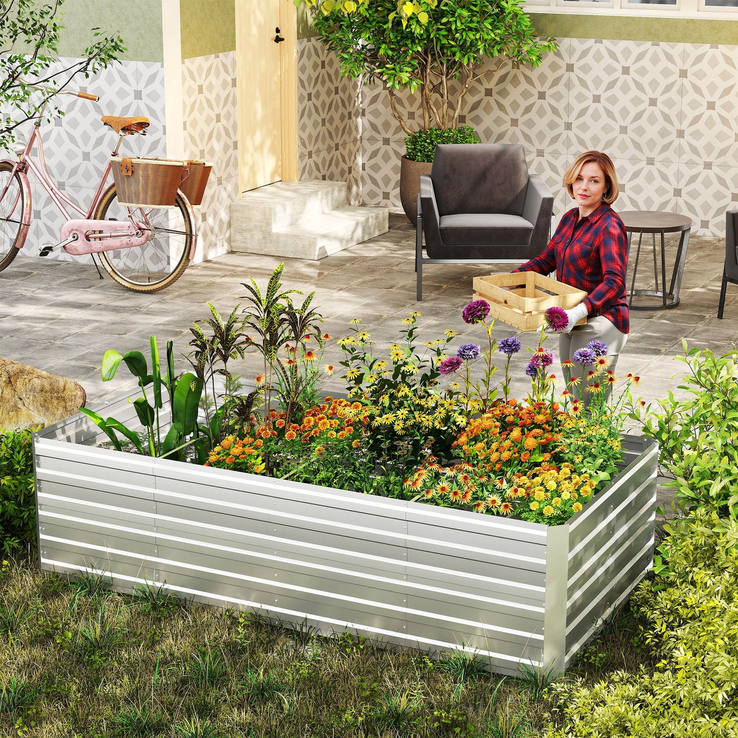 Verhoogde Metalen Tuinbak – Plantenbak – Bloembak – Kruidenbak – Groentebak – Silvery – Verzinkt Staal – Weerbestendig – Eenvoudige Montage