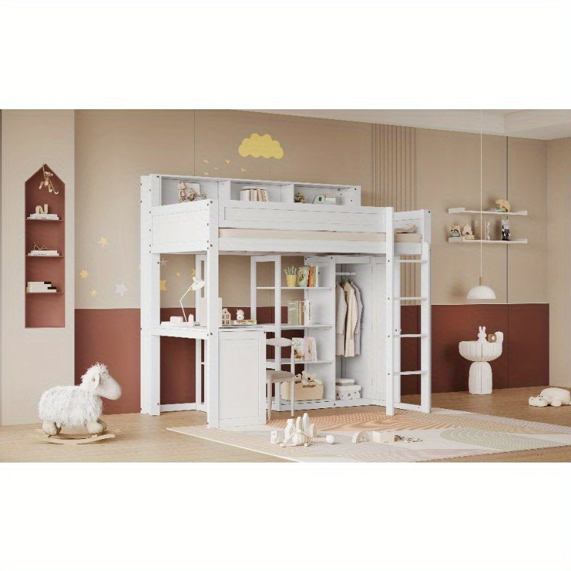 Hoogslaper – Stapelbed – Kinderbed – Eenpersoonsbed – Multifunctioneel Bed – Ingebouwd Bureau & Kledingkast – Ruimtebesparend Ontwerp – Stevig Wit Hout 90x200 cm