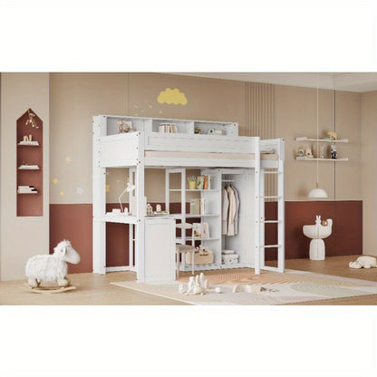 Hoogslaper – Stapelbed – Kinderbed – Eenpersoonsbed – Multifunctioneel Bed – Ingebouwd Bureau & Kledingkast – Ruimtebesparend Ontwerp – Stevig Wit Hout 90x200 cm