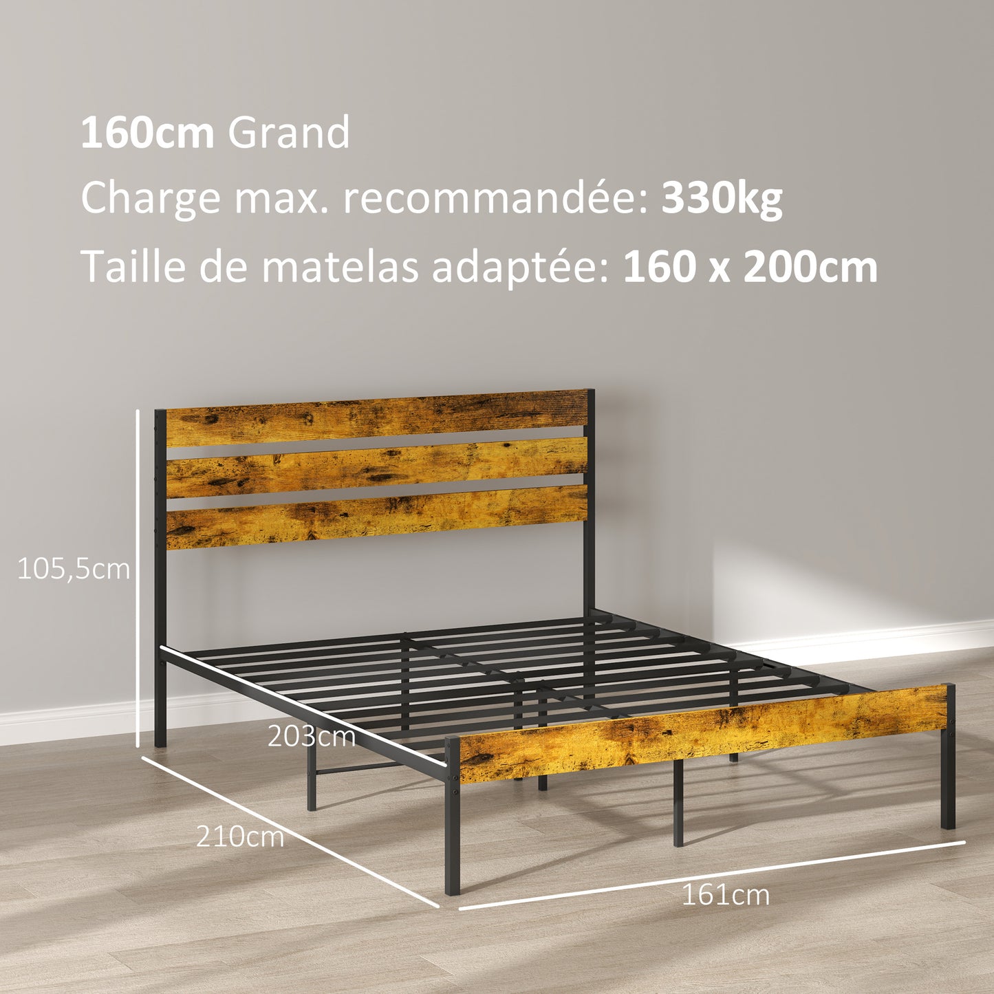 Tweepersoonsbed – Dubbelbed – Bedframe – Lattenbodem – Industrieel Bed – 160x200 cm – Onderbed Opbergruimte – Hout en Staal