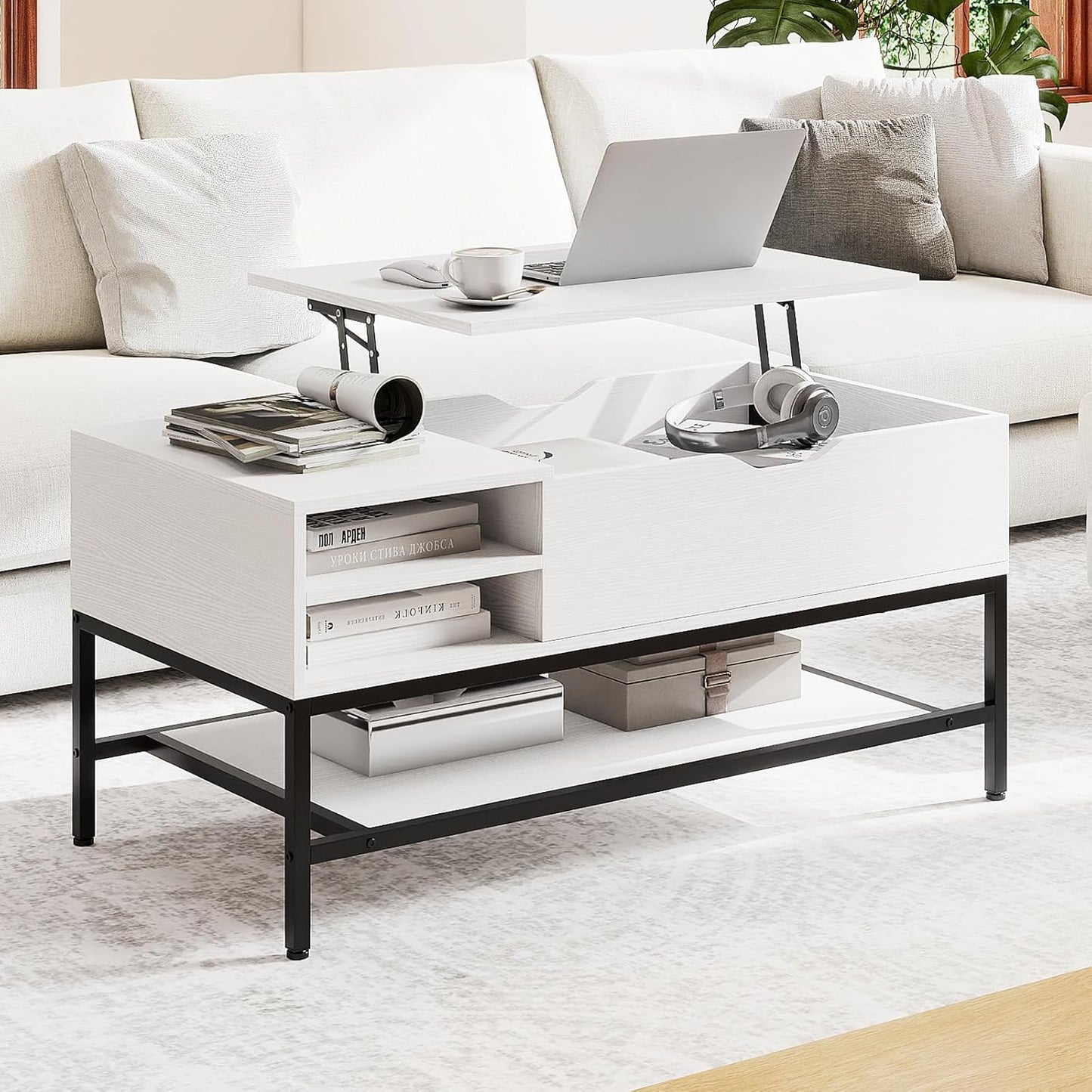 Verhoogbare Salontafel – Koffietafel – Tafel met Opbergruimte – Opklapbare Tafel – Lifting Tafel – Verwijderbare Plank – Verborgen Vak – Hoogwaardig MDF & Metaal