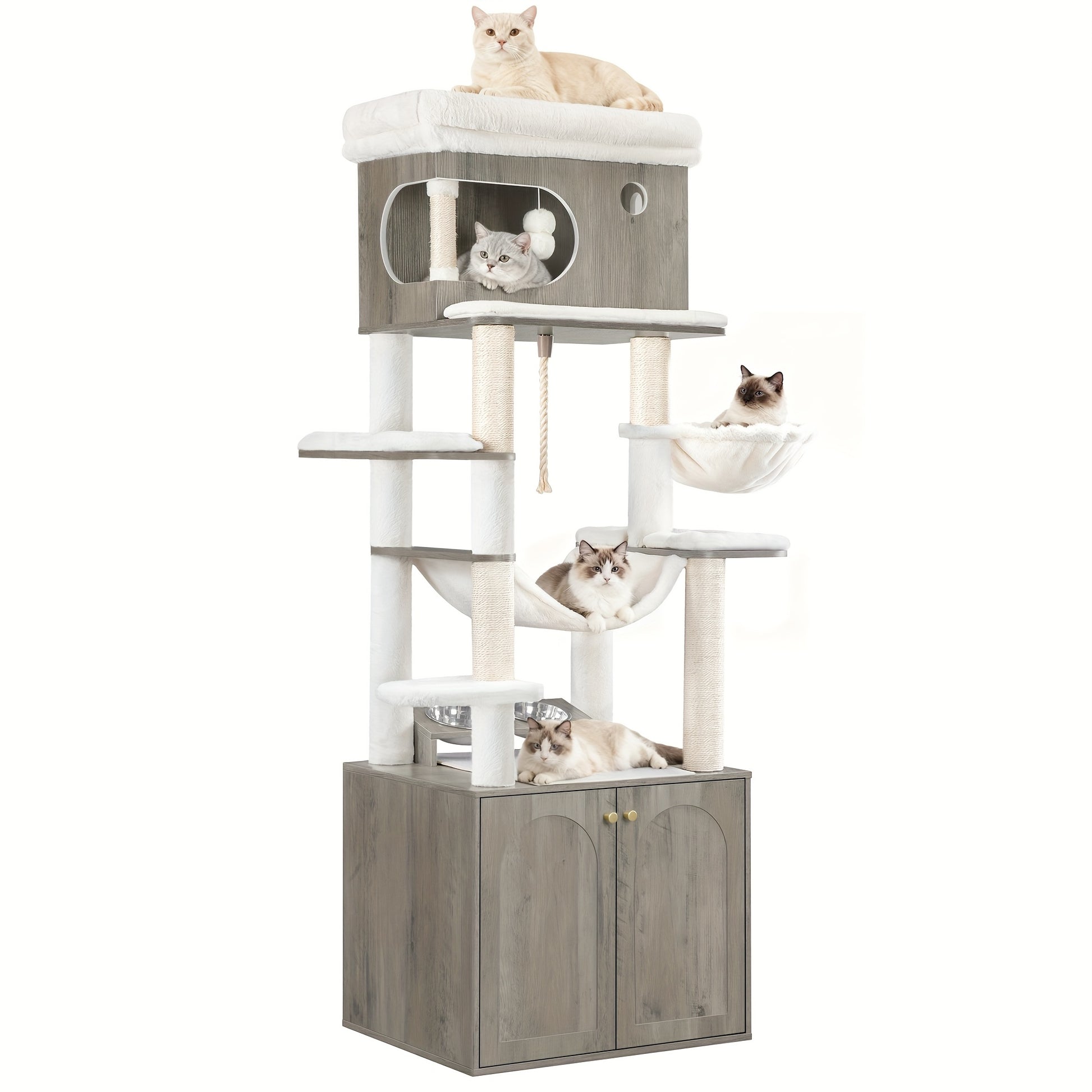 Multi-Level Modern Cat Tree Tower with Litter Box & Feeding Table - 70" Tall (176cm) Cat Tree with Large Platform, Sisal Scratching Posts, Hammock & Removable Washable Mat - Sturdy Construction, Space-Saving Design for Indoor - QUORE