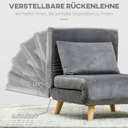 Slaapstoel – Slaapbank – Slaapfauteuil – Vouwbed – Zetelbed – Verstelbare Rugleuning – Luxe Grijze Velvet Bekleding – Draagvermogen 125 kg