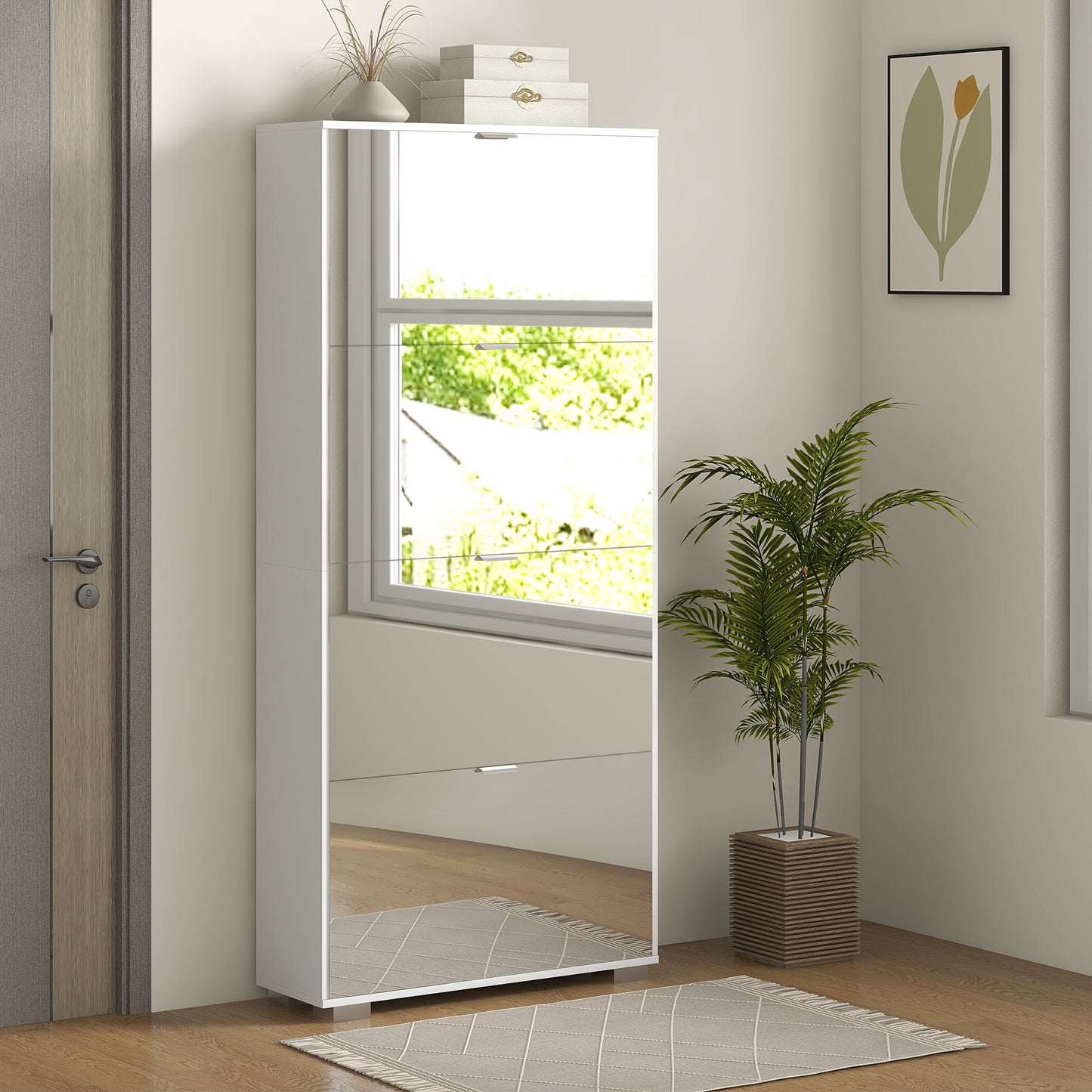 Schoenenkast – Schoenenrek – Schoenenopberger – Hal meubel – 2-in-1 met smalle spiegel – 4 draaideuren met verstelbare planken – Compact 76x26x168 cm – Wit