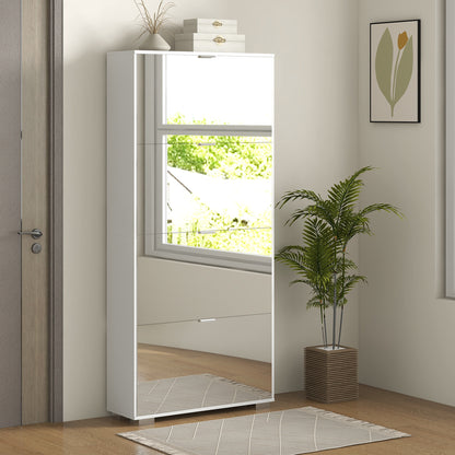 Schoenenkast – Schoenenrek – Schoenenopberger – Hal meubel – 2-in-1 met smalle spiegel – 4 draaideuren met verstelbare planken – Compact 76x26x168 cm – Wit