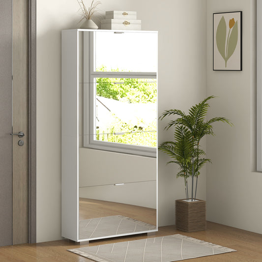 Schoenenkast – Schoenenrek – Schoenenopberger – Hal meubel – 2-in-1 met smalle spiegel – 4 draaideuren met verstelbare planken – Compact 76x26x168 cm – Wit