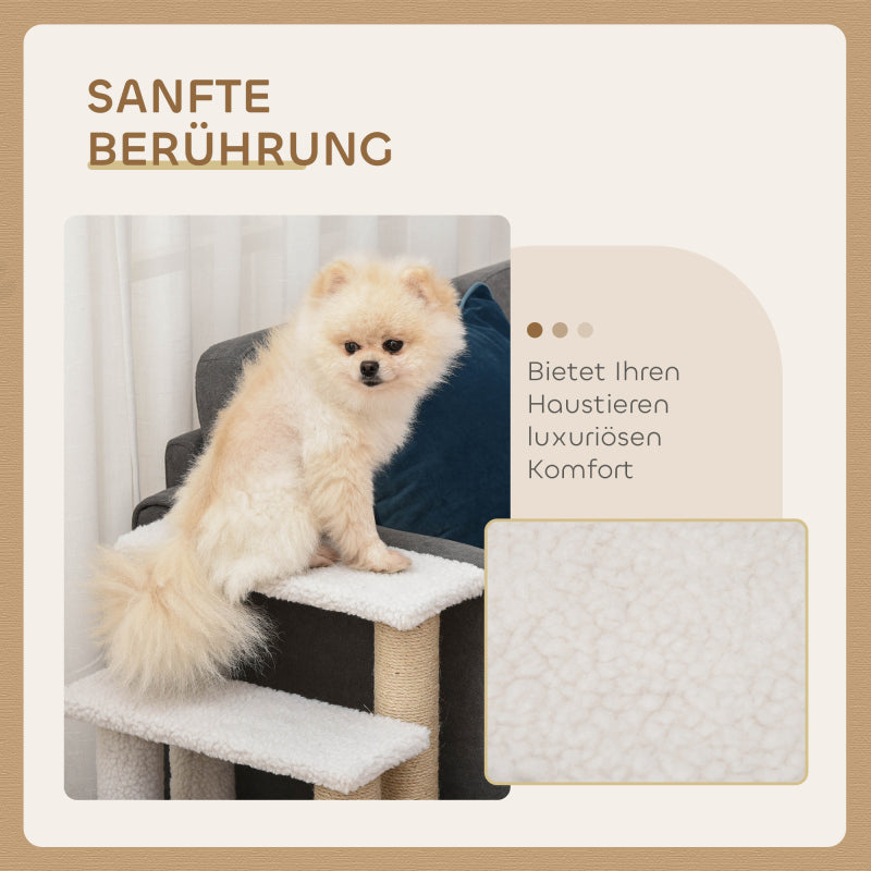 Huisdierentrap – Dierentrap – Hondentrap – Kattentrap – Huisdierenladder – Stevige MDF Trap – Met Pluche Bekleding en Sisal Krabpaal – 60x40x64 cm – Wit/Beige
