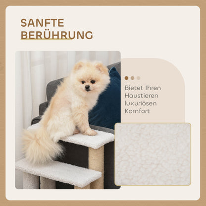 Huisdierentrap – Dierentrap – Hondentrap – Kattentrap – Huisdierenladder – Stevige MDF Trap – Met Pluche Bekleding en Sisal Krabpaal – 60x40x64 cm – Wit/Beige
