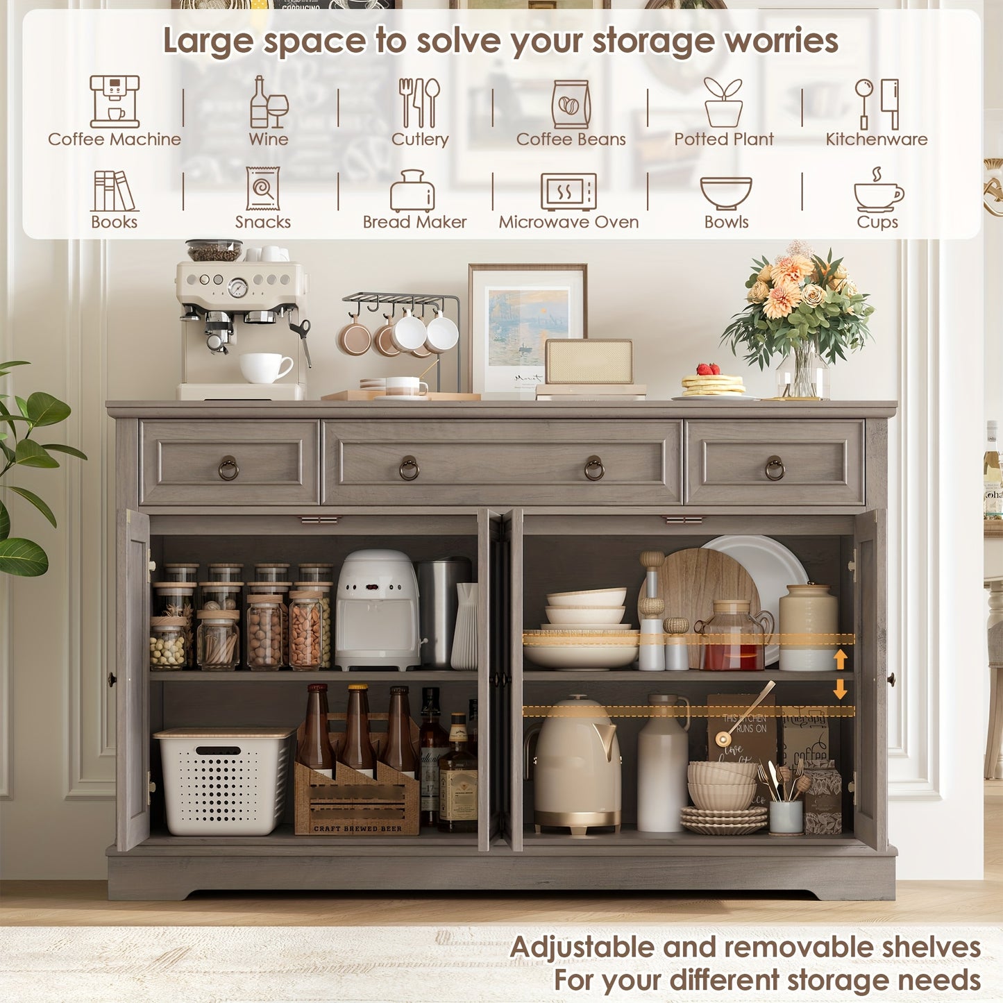 Kast Ladenkast – Dressoir Opbergkast Sideboard Commode – Wit Hout – 2-Deurs 4-Laden – Verstelbare Planken – Stevige Houten Constructie
