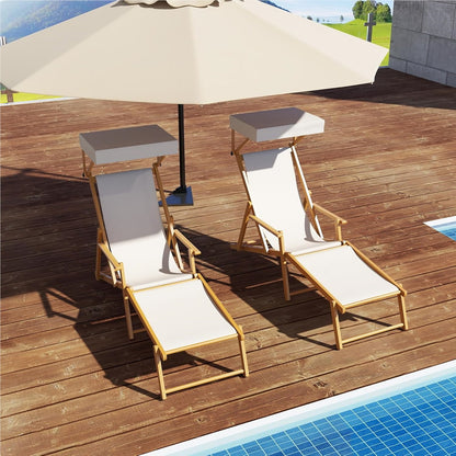 Ligstoel – Tuinstoel – Strandstoel – Zonnenligstoel – Lounger – Inklapbaar – Berkenhout – Verstelbare Rugleuning – Zonnescherm – Inclusief Reserveonderdelen – Beige Natural