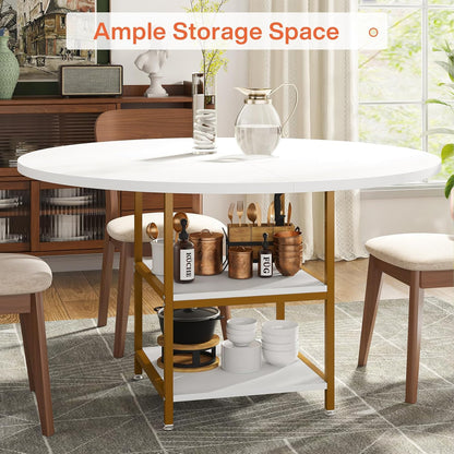 Ronde Eettafel – Ronde Tafel – Eetkamertafel – Keukentafel – Bistrotafel – Industrieel Design – 120 cm Diameter – Houten Tafelblad Met Opbergrek – Wit Goud