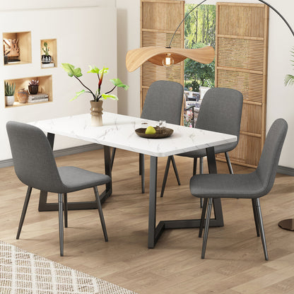 Eettafelset 5-delig – Eetkamerset – Dinerset – Tafel met Stoelen – Witte Tafel Met Gouden Metalen Poten – Grijze Linnen Bekleding – Stevig & Duurzaam – Modern Elegant Design
