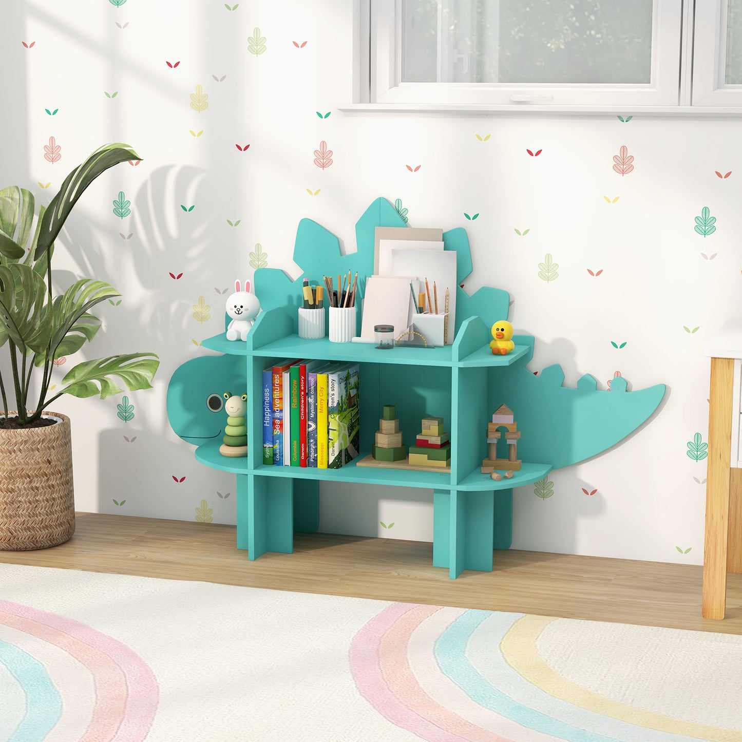 Kinderboekenkast – Kinderboekenrek – Boekenplank – Opbergkast – Speelgoedkast – Hardhouten Materiaal – Anti-Kantel Systeem – Groen Dinosaurusthema – 2-Laags Open Planken