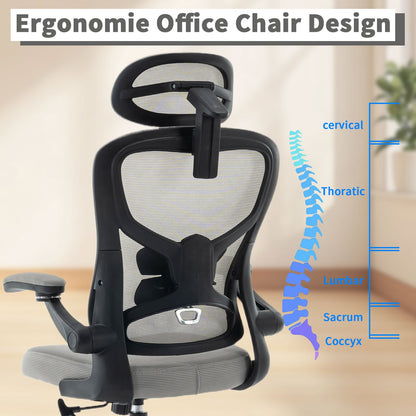 Bureaustoel – Ergonomische Stoel – Office Chair – Draaistoel – Kantoorstoel – Verstelbare Lendensteun – Memory Foam Zitting – 360° Draaibaar – Opklapbare Armleuningen – Zwart/Grijs
