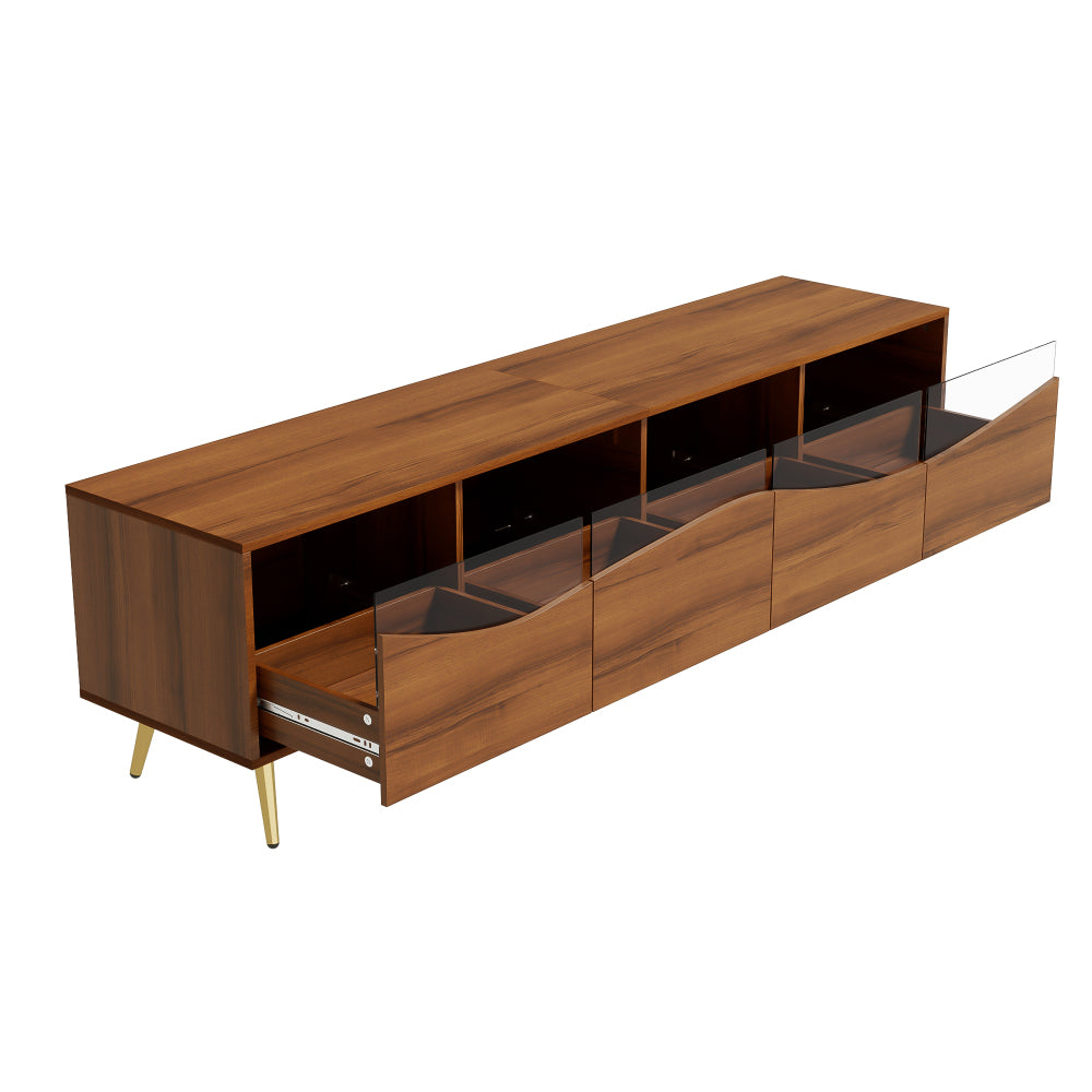 Modern TV Stand with Golden Metal Legs & Glass Top - Extra Long 180cm Media Console, Heavy-Duty Metal Construction, Built-in Storage Cabinet with Open Shelves & Closed Cabinets, Minimalist Living Room Furniture for Large TVs,