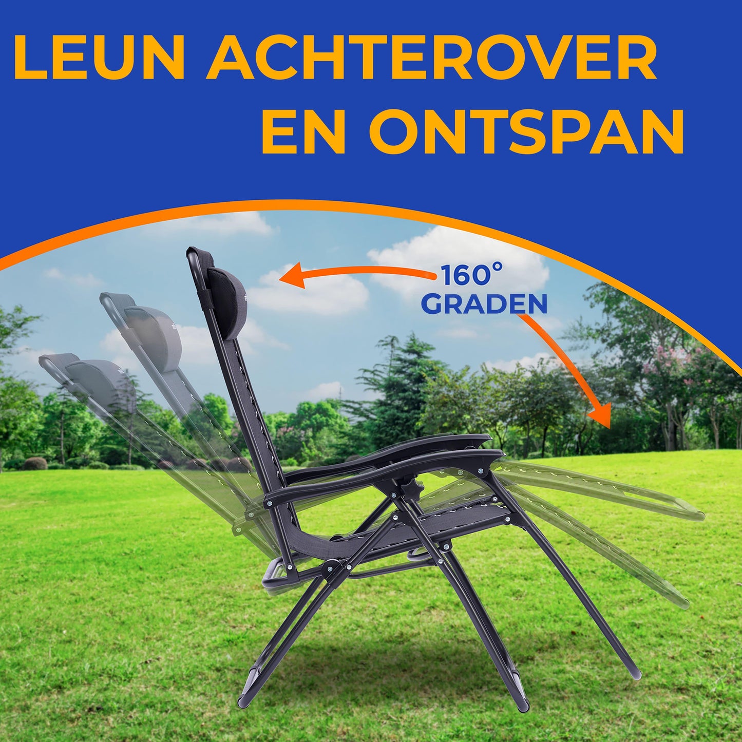 Loungestoel – Fauteuil – Relaxstoel – Tuinstoel – Verstelbaar – Afneembare Kussens en Bekerhouders – Lichtgewicht Stalen Frame – Weerbestendige Buitenstoel