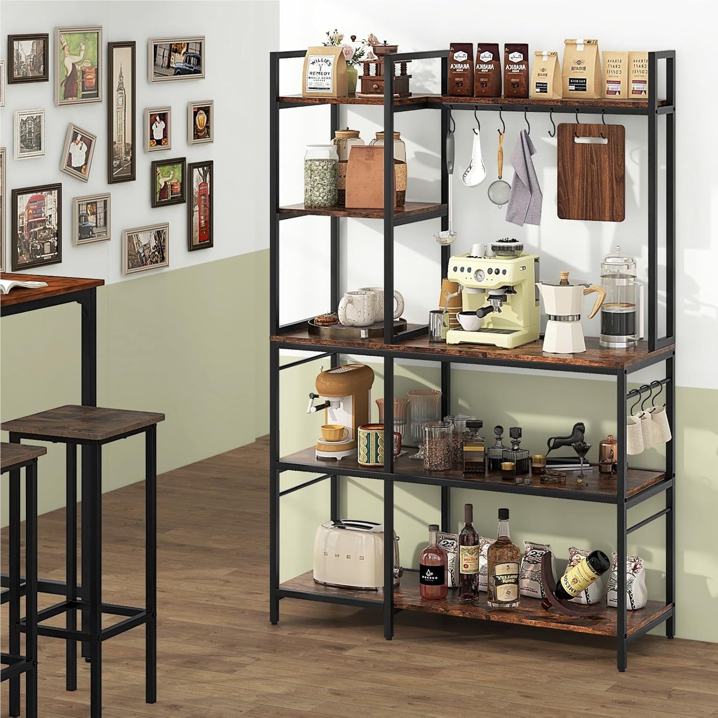 Keukenkast – Opbergkast – Rek – Plankenkast – Opbergmeubel – 5-laags Met Stopcontacten – Vintage Bruin Met Metalen Frame