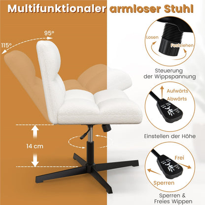 Bureaustoel – Office Chair – Werkstoel – Studeerstoel – Make-up Stoel – Verstelbare Zithoogte – Schommelingsfunctie – Beige – Armless – Comfortabel Schuim