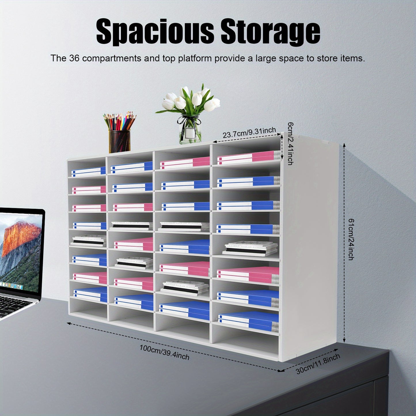36-vaks PVC Opbergkast – Documenten Organizer – Archiefkast – Bureauhouder – Folderhouder – Wit – Stevig PVC Met Vilten Binnenkant – Compact Modern Design 100x30x61 cm